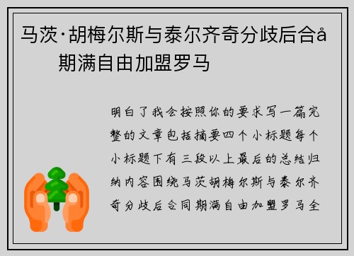 马茨·胡梅尔斯与泰尔齐奇分歧后合同期满自由加盟罗马